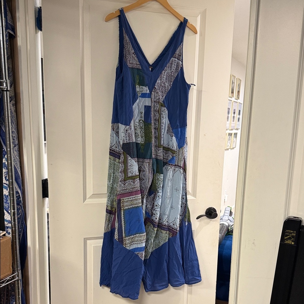 Free People Blue Patchwork one piece v neck jumpsuit